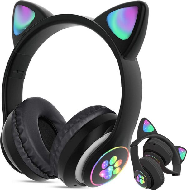 Kinder Koptelefoon - Hoofdtelefoon - Draadloos - Bluetooth - Kattenoortjes - LED - Zwart