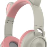 Kinder hoofdtelefoon - koptelefoon Bluetooth met led kattenoortjes miauw licht grijs - roze