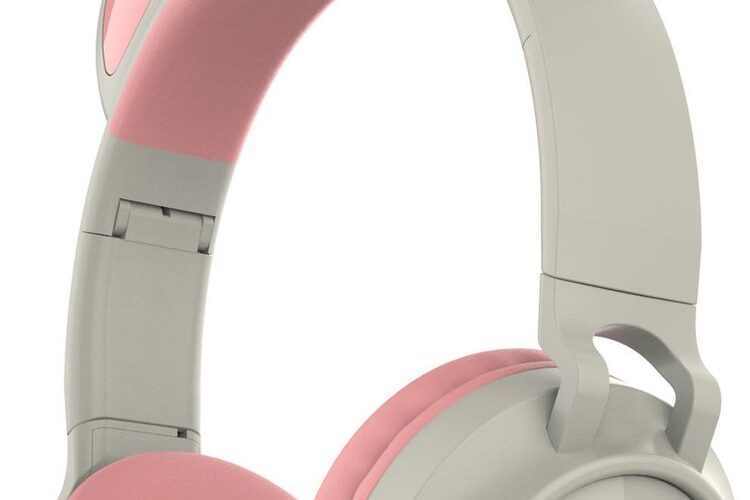 Kinder hoofdtelefoon - koptelefoon Bluetooth met led kattenoortjes miauw licht grijs - roze