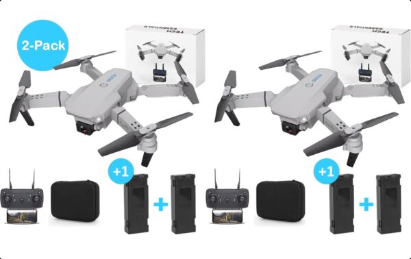 2-Pack TechEssentials® Dual Camera Drone -Incl 2 Accu's En Case - Grijs | Kinder - Voor Kinderen - Bestuurbare FPV Mini - Volwassenen - Buiten - Speelgoed - RC - E88