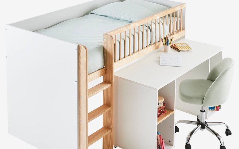 Combiné lit mezzanine + bureau coulissable GECKO blanc