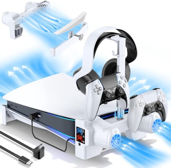 Equivera Geschikt voor Playstation 5 Standaard & Oplaadstation Met Ventilator - 3 Koelstanden - Voor 2 controllers - Snellader - Met LED indicatoren - Geschikt voor PS5 Accessoires - Oplaadstation Geschikt voor PS5 - Wit