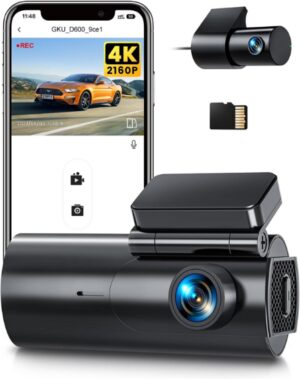 GKU 4K Dashcam D600 - Dashcam - Dash Cam - Dashcam Voor Auto - Dashcam Voor Auto Voor En Achter - Dashcams - Dual Dashcam - Dashcam Auto - Dashcam 4k - Dubbele Camera - Parking Monitor - G-Sensor - Nachtzicht - 64GB SD-Kaart