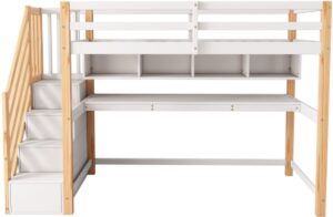 Gotagee hoogslaper met opbergtrap 90x200cm, massief hout+MDF, stapelbed, kinderbed met bureau en planken, naturel en wit