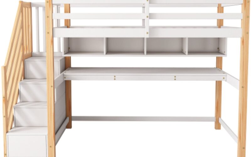 Gotagee hoogslaper met opbergtrap 90x200cm, massief hout+MDF, stapelbed, kinderbed met bureau en planken, naturel en wit