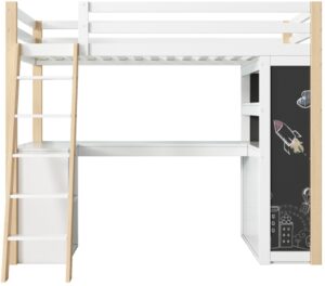 Gotagee hoogslaper, multifunctioneel kinderbed, met ladder, bureau, opbergvak, lade, schoolbord, plank, zonder matras, wit + naturel, 90*200