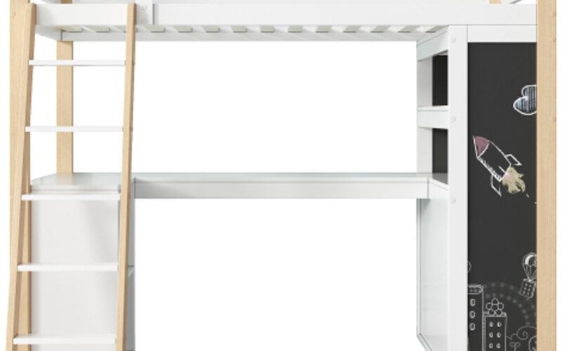 Gotagee hoogslaper, multifunctioneel kinderbed, met ladder, bureau, opbergvak, lade, schoolbord, plank, zonder matras, wit + naturel, 90*200