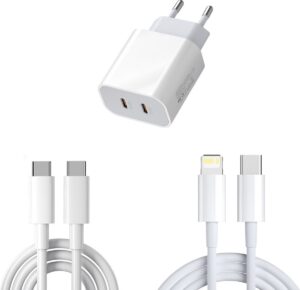 JustValue 35W Oplaadset Geschikt voor Apple apparaten met Lightning Poort - Snellader - 2 Meter - 2 Poorten - Snel Opladen, met 2 USB C Kabels - USB C naar Lightning en USB C naar USB C