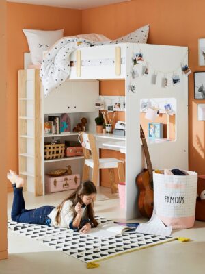 Lit mezzanine avec bureau et rangement LIGNE EVEREST blanc/bois