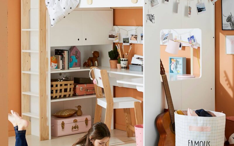 Lit mezzanine avec bureau et rangement LIGNE EVEREST blanc/bois