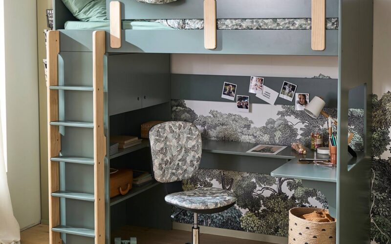 Lit mezzanine avec bureau et rangement LIGNE EVEREST kaki