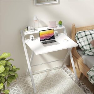 Opvouwbaar Bureau Geen Montage Nodig - Groot Formaat Computerbureau Met 2-Tier Plank - Studietafel - Laptop Opvouwbare Tafel Voor Kleine Ruimtes - Wit