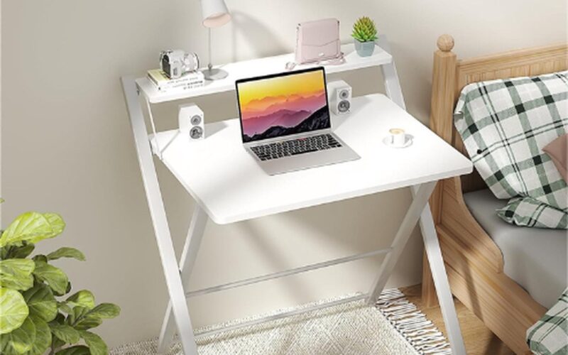 Opvouwbaar Bureau Geen Montage Nodig - Groot Formaat Computerbureau Met 2-Tier Plank - Studietafel - Laptop Opvouwbare Tafel Voor Kleine Ruimtes - Wit