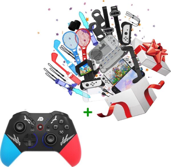 PlayCool Nintendo Switch Accessoireset 25-in-1 delige Set - Inclusief Draadloze Pro Controller, Geschikt voor Nintendo Switch - Nintendo Switch Accessoires en Bescherming - Golfsticks, Tennisrackets, Stuur, Boxgrips, Armband, Joy-Con