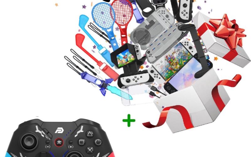 PlayCool Nintendo Switch Accessoireset 25-in-1 delige Set - Inclusief Draadloze Pro Controller, Geschikt voor Nintendo Switch - Nintendo Switch Accessoires en Bescherming - Golfsticks, Tennisrackets, Stuur, Boxgrips, Armband, Joy-Con
