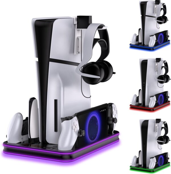 PlayCool all-in-one Multifunctionele RGB Oplaadstation- en Displaystandaard Geschikt voor PlayStation 5/ PS5 Slim/ PS5 Pro (Disc & Digital) & PlayStation Portal -DualSense (Edge) controller