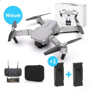 TechEssentials® Dual Camera Drone -Incl 2 Accu's En Case - Grijs | Kinder - Voor Kinderen - Bestuurbare FPV Mini - Volwassenen - Buiten - Speelgoed - RC - E88