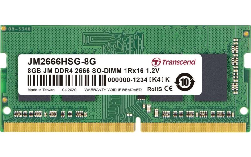 Transcend JetRAM Werkgeheugenmodule voor laptop DDR4 8 GB 1 x 8 GB Non-ECC 2666 MHz 260-pins SO-DIMM CL19 JM2666HSG-8G