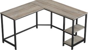 VASAGLE Bureau, L-vormig computerbureau, hoekbureau met 2 planken, ruimtebesparend bureau in industrieel ontwerp, gaming, eenvoudige montage, grijs-zwart
