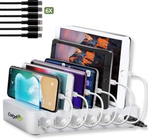 Cotyl USB Oplaadstation - 6 USB Poorten - Inclusief 6 Kabels - Compatibel met Tablet Telefoon 3x Usb C 2x Lightning & 1x USB Micro - Oplaadstation - Telefoon Multi Oplader - Dockingstation - Voor Bureau Kantoor & Thuis