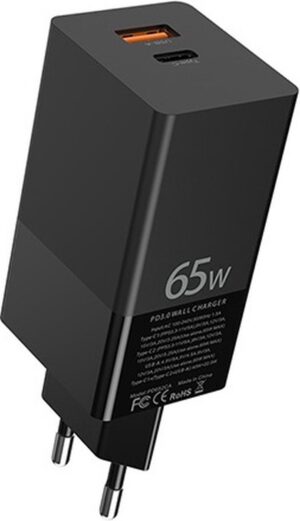 DrPhone Halo 2P DELUXE GaN 65W Thuislader - 2 Poorten - Qualcomm 3.0 & 1X USB C PD 3.0 Oplader - Krachtige Oplader - Multipoort - Zwart