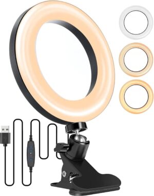 Ringlamp met 3 Lichtkleuren & 10 Helderheidsstanden 360° Draaibaar Tafelringlamp - Veerclip Klembaar voor YouTube Livestream Selfie Portret Volg Make-up 63 inch