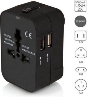 Universele Wereldstekker voor mèèr dan 150 landen - 2 USB poorten - Amerika (USA) - Azië - Afrika - Zuid-Amerika - Australië - Oplader