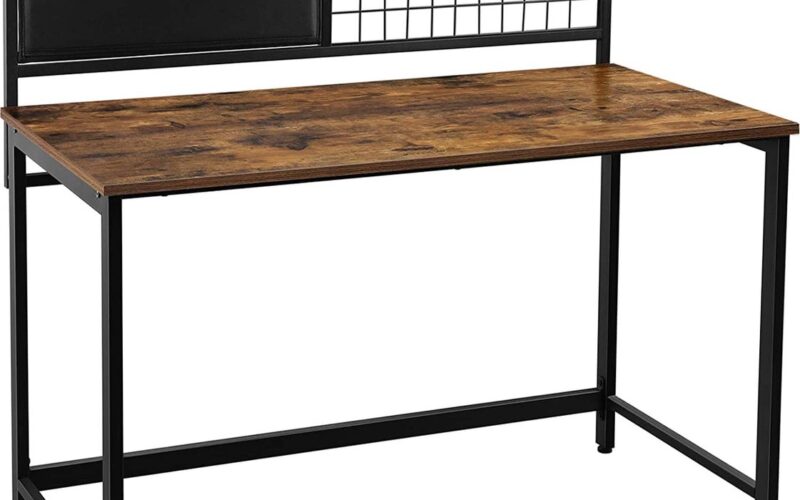 computertafel, bureau, met raster en opbergvakken van stof, stalen frame, 118 cm lang, industrieel ontwerp, vintage bruin-zwart LWD068B01